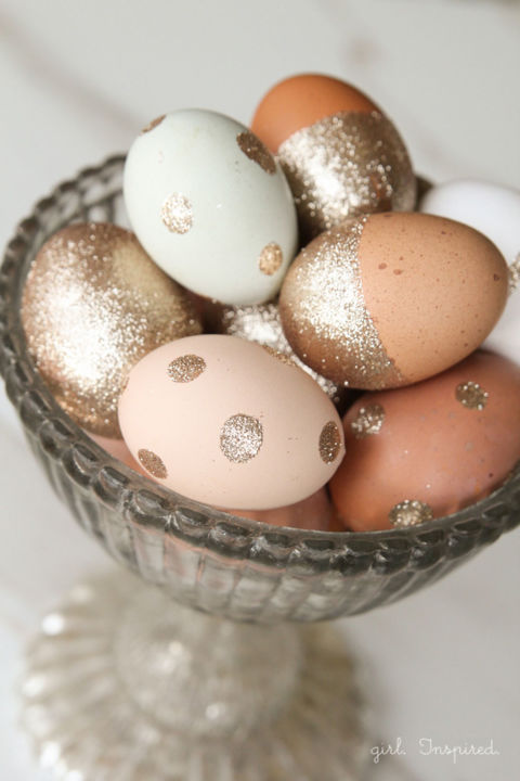 Go glam by adding glitter and polka dots to brown eggs. They're sure to be a bowl full of pretty.
Get the tutorial at The Girl Inspired.