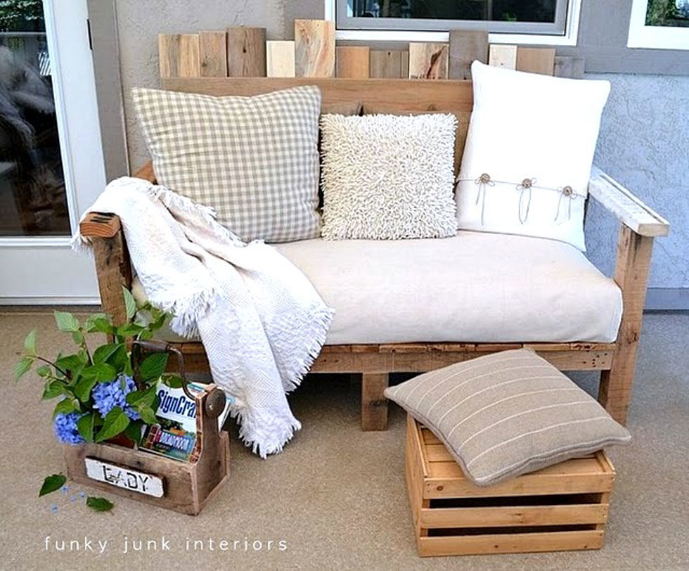 Convert leftover pallet wood into a cozy sofa, a perfect place to sip your morning coffee or enjoy an evening cocktail.Get the tutorial at Funky Junk Interiors.