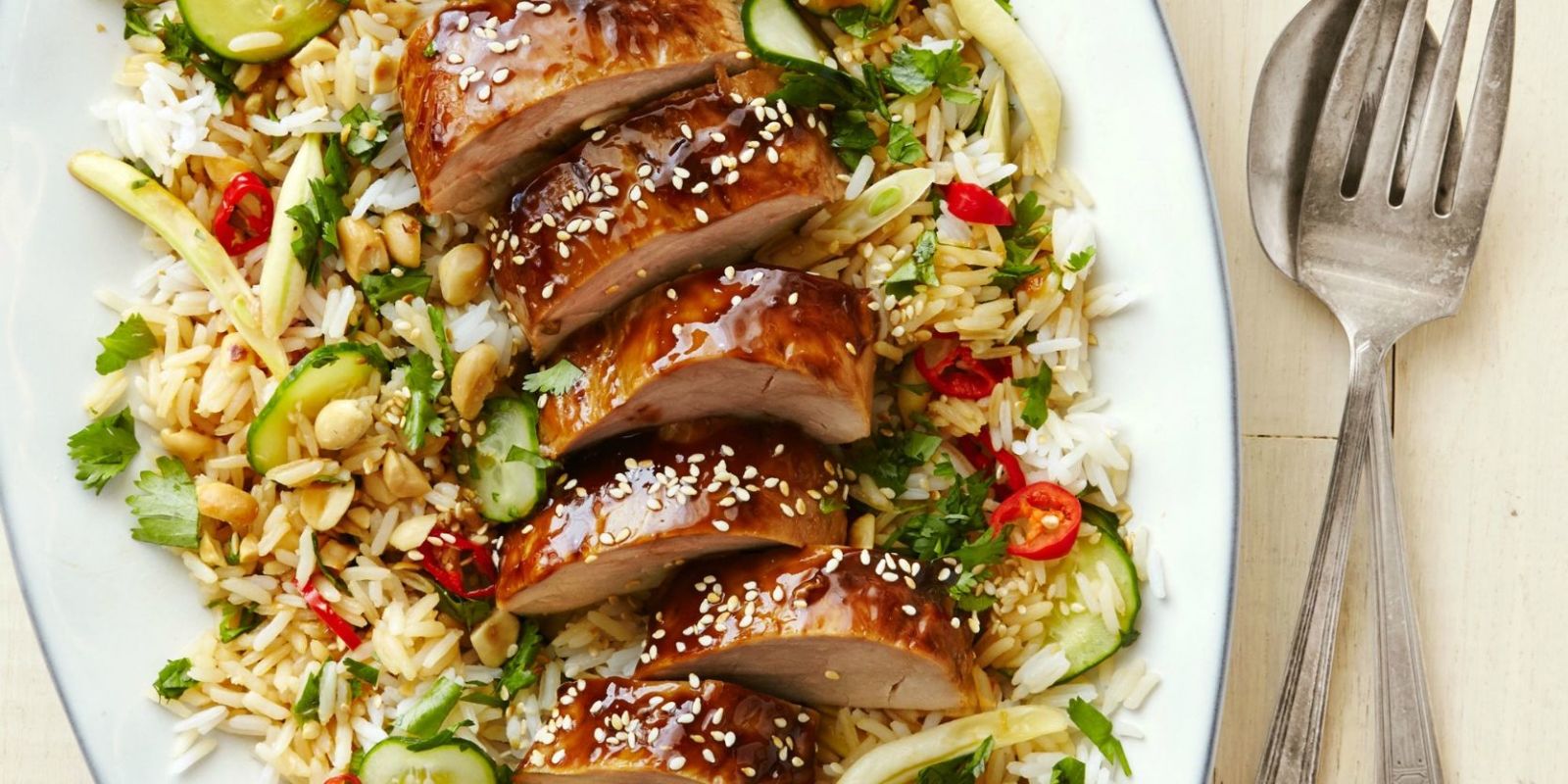 HoisinGlazed Pork Tenderloin with Asian Rice Salad Recipe