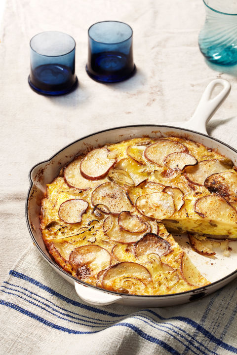 Dense with onions, potatoes, olives, and cheese, this homey, one-skillet wonder hits the spot at breakfast, lunch, or dinner. Serve it hot or at room temperature, sliced into wedges. Recipe: Spanish Tortilla with Manchego and Green Olives 