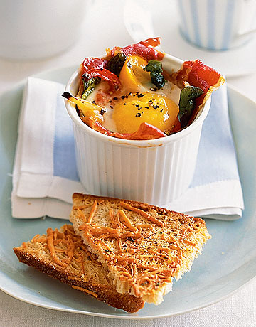 Baked eggs make for an easy, anytime meal. Recipe: Baked Eggs with Pepper and Fennel 