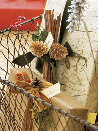 Enhance wrapped gifts with pinecones and other natural elements — such as cinnamon sticks and winterberries — that are wired in place with gift tags onto velvet ribbon.
RELATED: 15 Great Gift-Wrapping Ideas