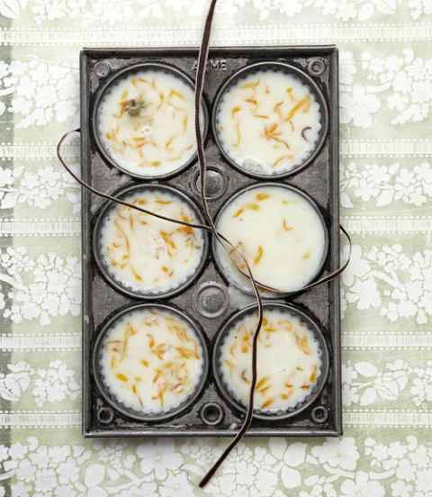 These creamy cleansers aren't just beautiful, they also pamper your skin: Marigold soothes, honey moisturizes, and oatmeal gently exfoliates. A pound of melt-and-pour Castile base ($4.46; bulkapothecary.com) yields about six 3-ounce soaps. After drying your marigolds (see "How to Preserve Flowers and Herbs," previous page), follow these steps:
Step 1: In a large pot, melt the soap base according to the package instructions. Meanwhile, in a small, microwave-safe bowl, microwave three tablespoons honey for 15 seconds on low, until the honey is slightly runny. Stir into the melted soap base.
Step 2: Add five tablespoons dried marigold petals, four tablespoons coarse oatmeal, and 10 drops mandarin essential oil ($2.36 for 1/2 oz.; bulkapothecary.com). Stir to combine, then remove from heat.
Step 3: Grease a six-cavity metal tartlet tin with sweet almond oil (for similar tin, Bakers Select, $14.37; amazon.com. Oil, $4.81 for 16 oz.; bulkapothecary.com). Evenly divide the soap mixture among the cavities, then gently tap the tin against your work surface to release any air bubbles. Let the soaps set at room temperature for four hours; carefully run a knife around the edges to release.
