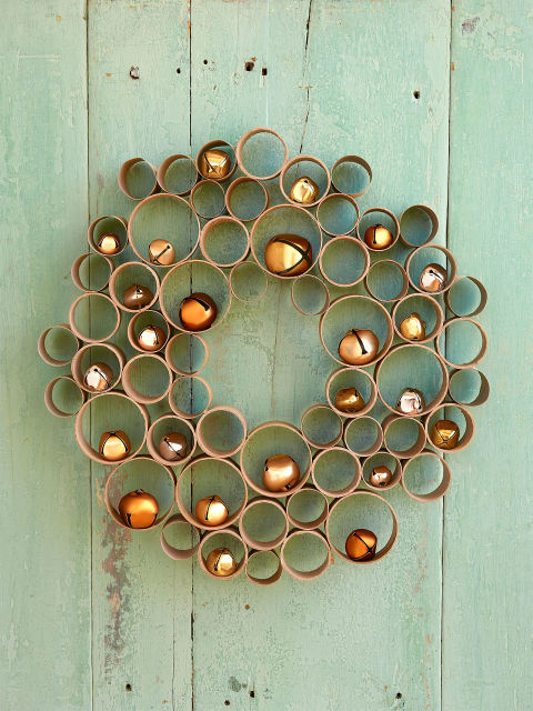Wrapping-paper, paper-towel, and mailing tubes have never looked so fine. To upcycle yours into something front-door-worthy, use an X-Acto knife to cut each tube into two-inch slices. Then, lay a bowl (ours measured six inches across) rim down on a flat surface and arrange the cardboard slices around the bowl, using this photo as a guide. Hot-glue the slices where their sides meet. If you like, perch jingle bells inside.