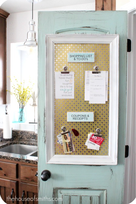 Use a piece of magnetic metal and a long vertical frame to craft this vibrant organizational board, perfect for posting your to-do lists, coupons, or recipes. 
Get this tutorial at The House of Smiths.
