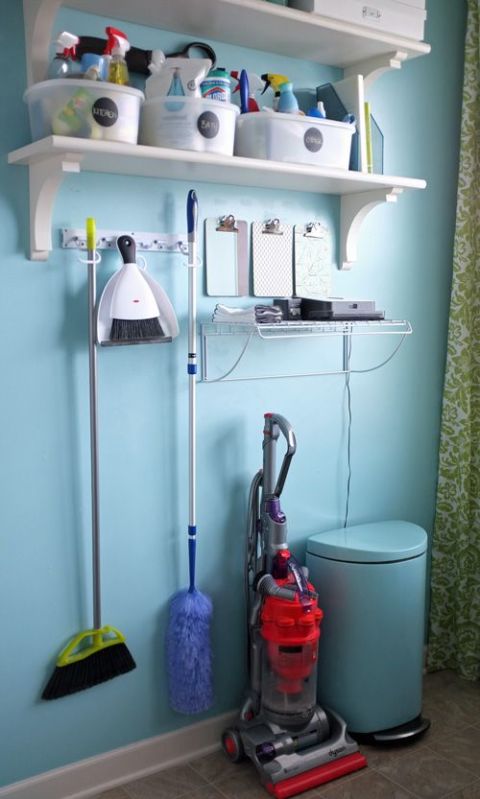 When in doubt, add a few shelves. Then label tubs by room (bathroom, kitchen, you get the picture) so you don't have to sort through multiple containers to find the cleaner you need. See more at Teal + Lime » 