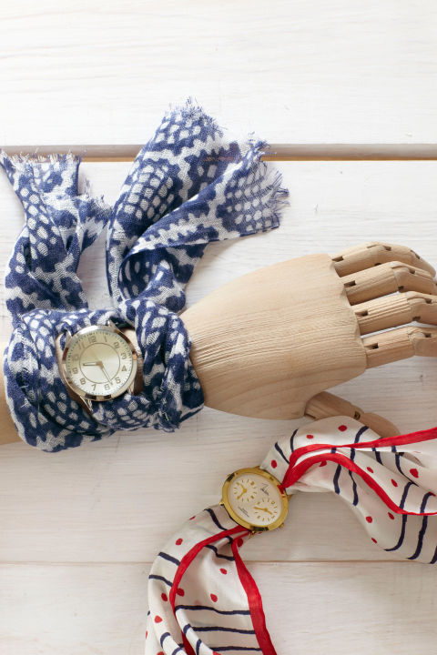 It's easy to fall in love with vintage scarves at flea markets and thrift stores. The hard part? Finding a fresh way to wear the ladylike relics. Here's one: Just remove the straps from a watch, then weave a scarf through the watch's lugs (the bars that hold the straps in place). Wrap the scarf's ends around your wrist and secure with a knot to make a timely fashion statement. 