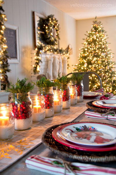 Image result for Mason Jars in a Row To craft the centerpieces for her dining room table, blogger Kristin Bergthold Used cranberries, juniper, and a layer of Epsom salt.